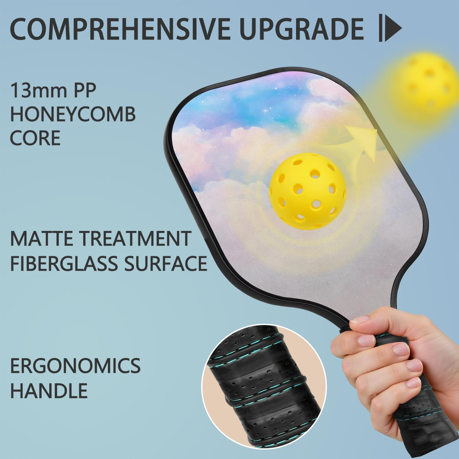 Pickleball Paddles Set Of 2, Fiberglass Surface, Dreamy Cloud Print, 4 Balls & Bag