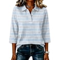 thumbnail image 2 of Satingcolo Women's Striped Polo t-Shirt Summer Oversized Contrast 3/4 Sleeve Half Button-up Pullover Tops Loose Basic Tees,Light Blue M, 2 of 6