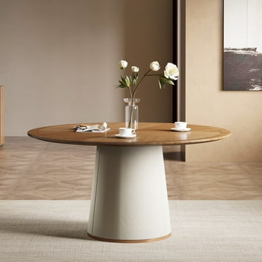 NessCarsti Round Faux Leather Dining Table for 4-6, Wood Veneer Top, Walnut, 59.05"