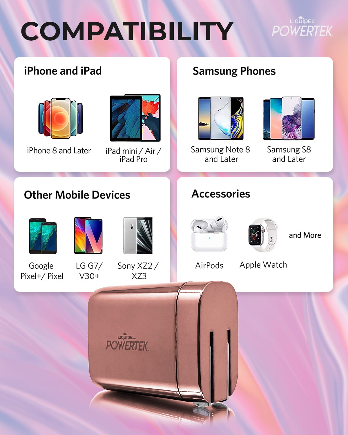 Liquipel Powertek 20W PD USBC and 18W USB A Dual Port Wall Block Charger, Type C Fast Charging Cube, Wall Power Adapter with Foldable Plug, Metallic Shine Light PInk