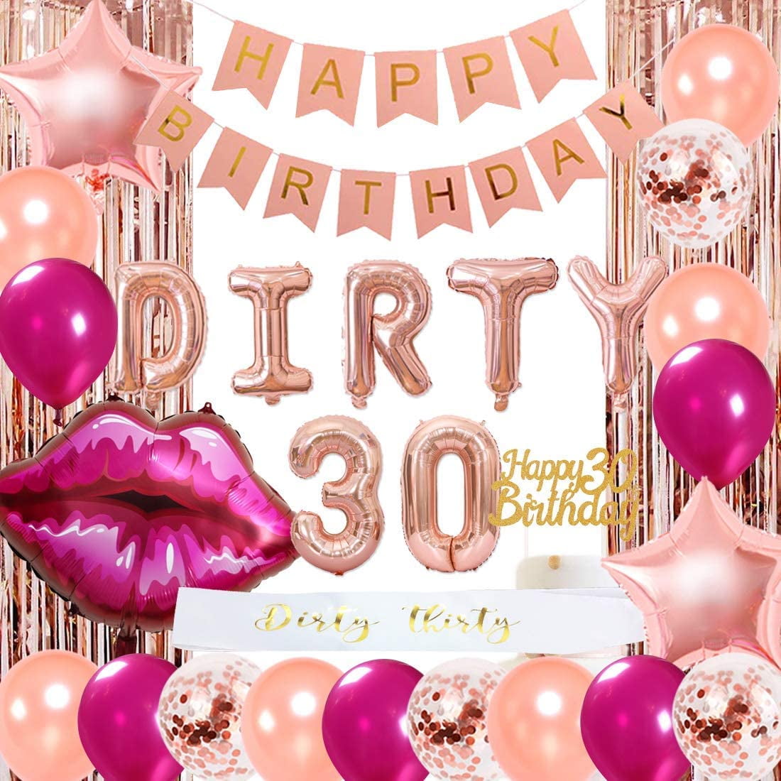 30th Birthday Decorations For Women Rose Gold Happy 30th Birthday For Her 30 Party Supplies Dirty 30 Balloons Sash Cake Topper Walmart Com Walmart Com