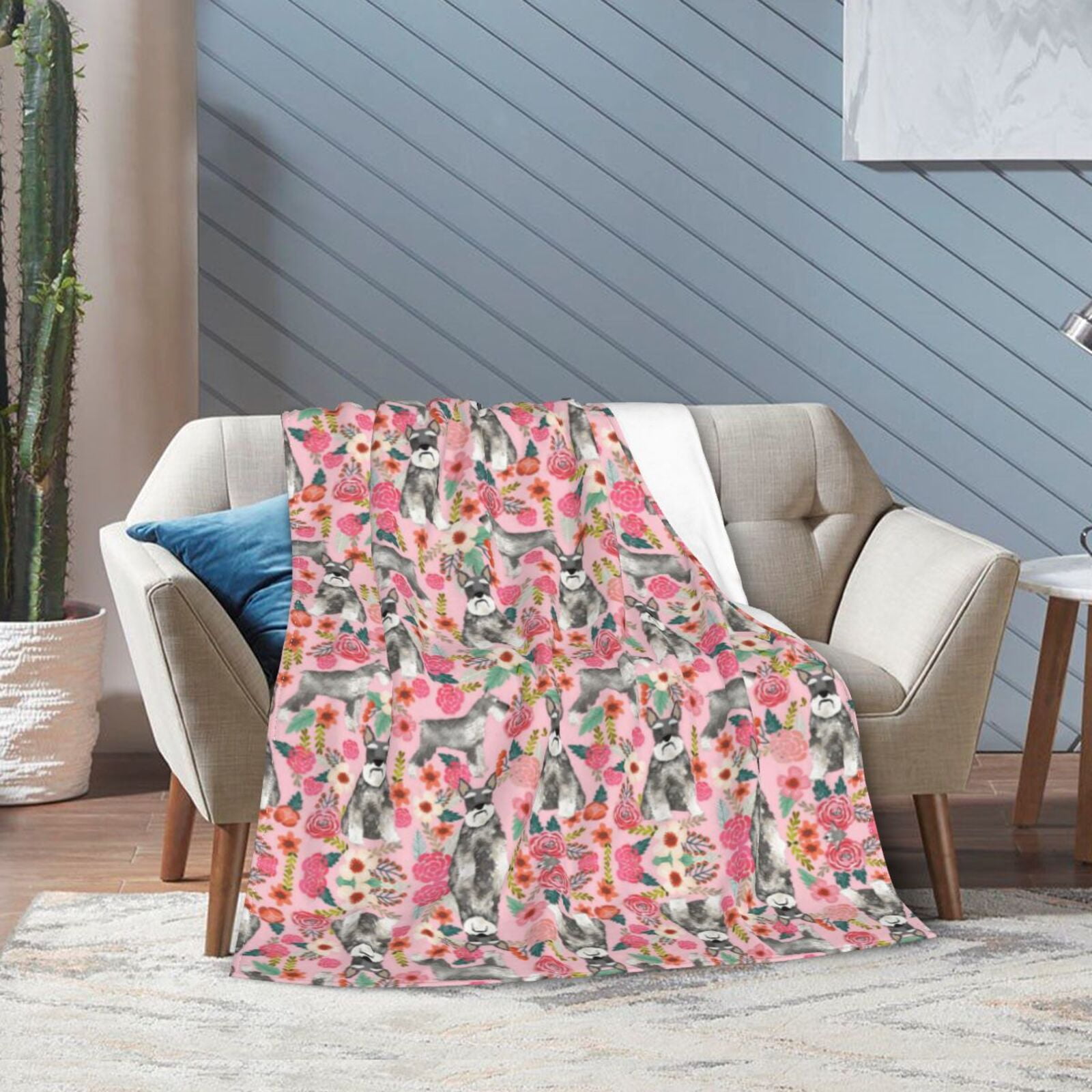 Wijzvio Schnauzer Dogs Flower Floral Throw Blanket Soft Fuzzy Fleece Blanket For Couch Bed Living Room Decoration 60"X50"