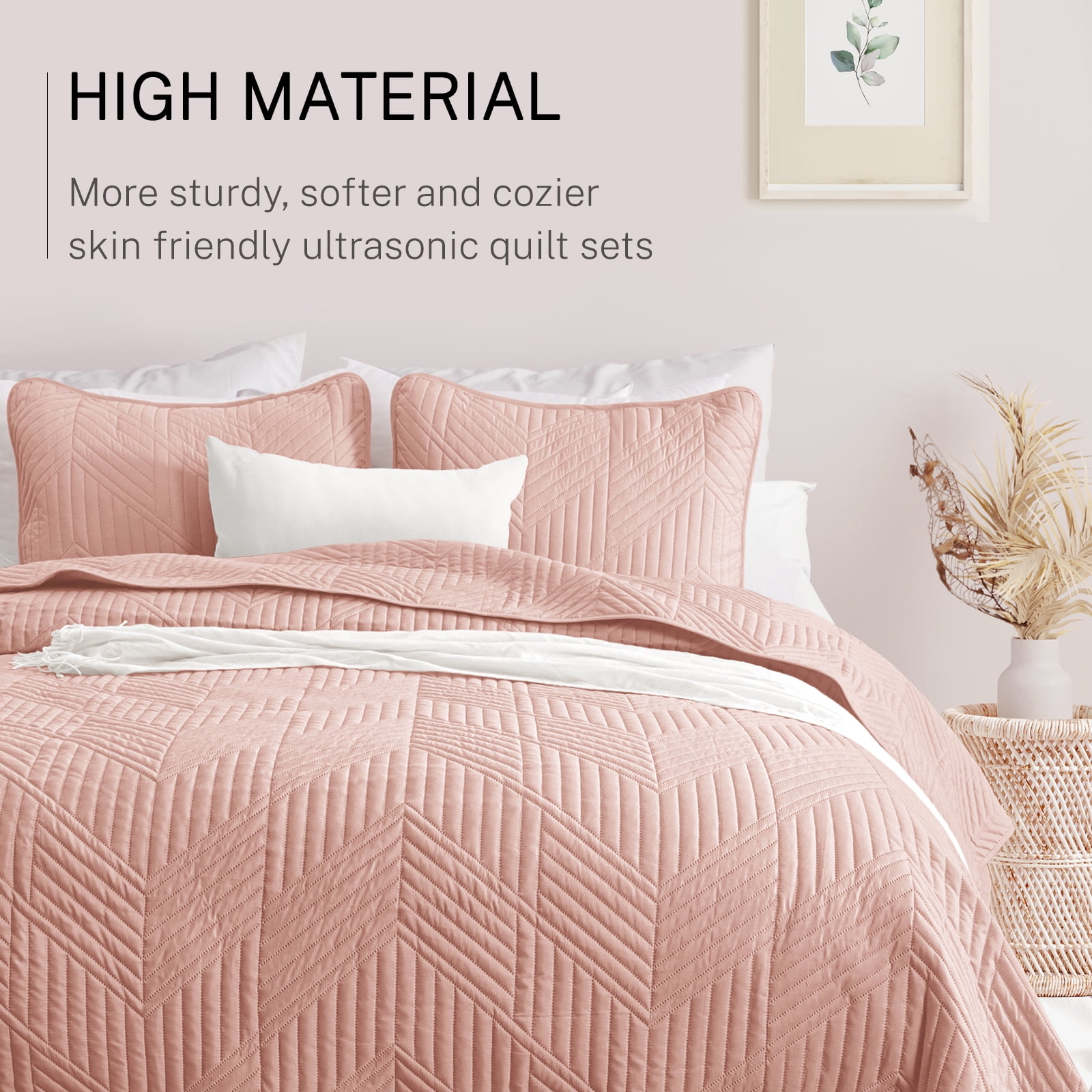 Exclusivo Mezcla Ultrasonic King Quilt Bedding Set, Lightweight Blush Pink Bedspreads Soft Modern Geometric Coverlet Set