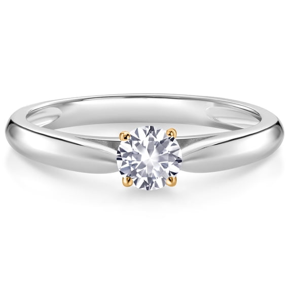 Gem Stone King 10K White and Yellow Gold White Created Sapphire Solitaire Engagement Ring for Women (0.25 Cttw, Gemstone September Birthstone, Round 4MM, Size 8)