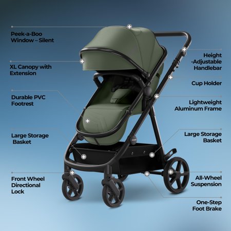 Mompush Meteor2, 2-in-1 Baby Stroller with Bassinet Mode, Adjustable Handle and Footrest, Forest, 23.2LB, Unisex
