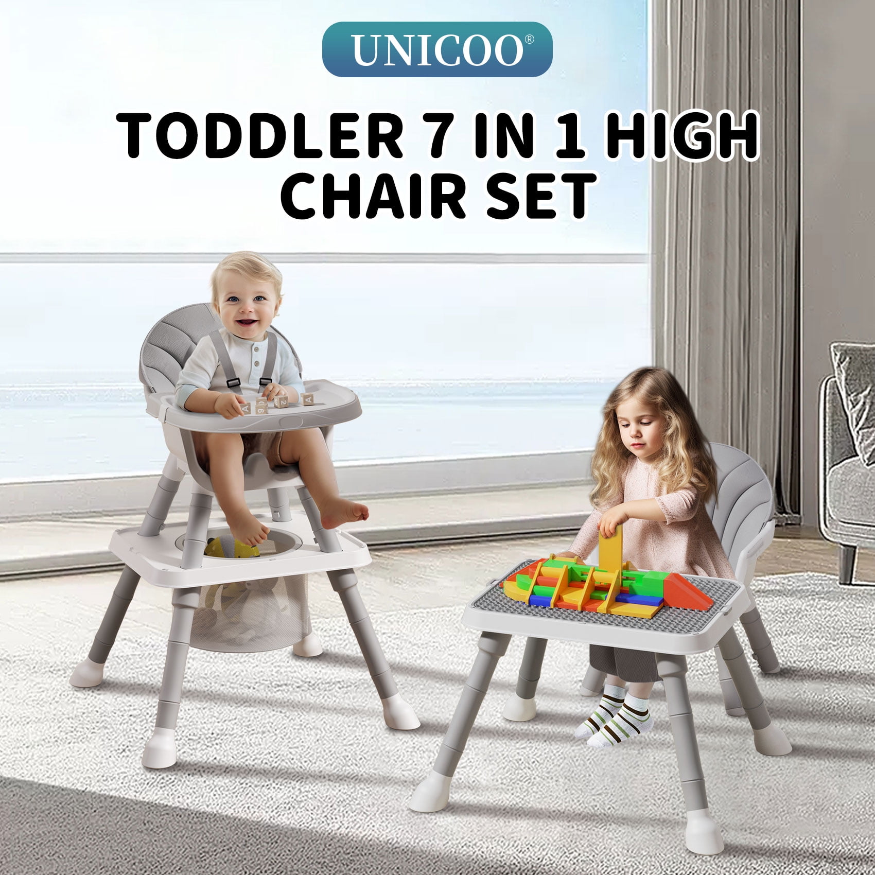 UNICOO® 7-in-1 Convertible Baby High Chair, Baby Chair, High Chairs for Babies and Toddlers, Portable High Chair for Babies & Toddlers 6 Months-6 Years (TX-KS-10-GW)