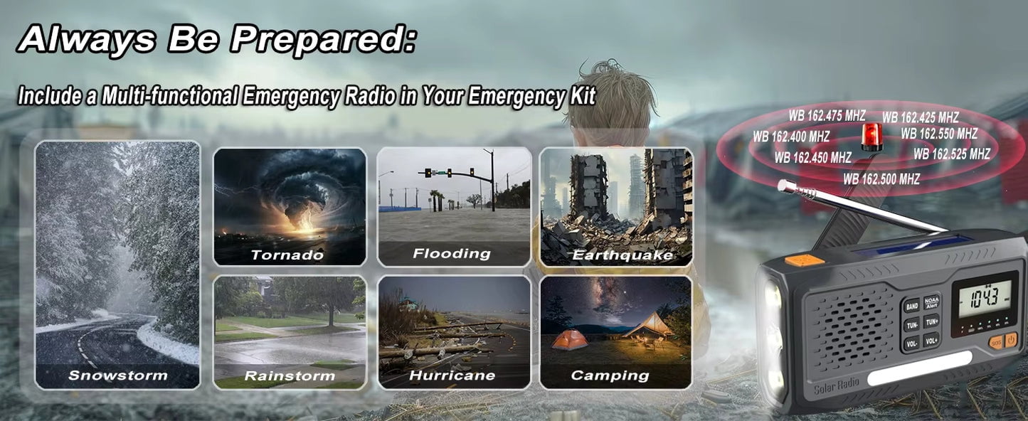 Digital Display Emergency Weather Radio with AM/FM/NOAA, Cell Phone Charger, Solar, Hand Crank, Flashlight, SOS Alarm, and Night Light