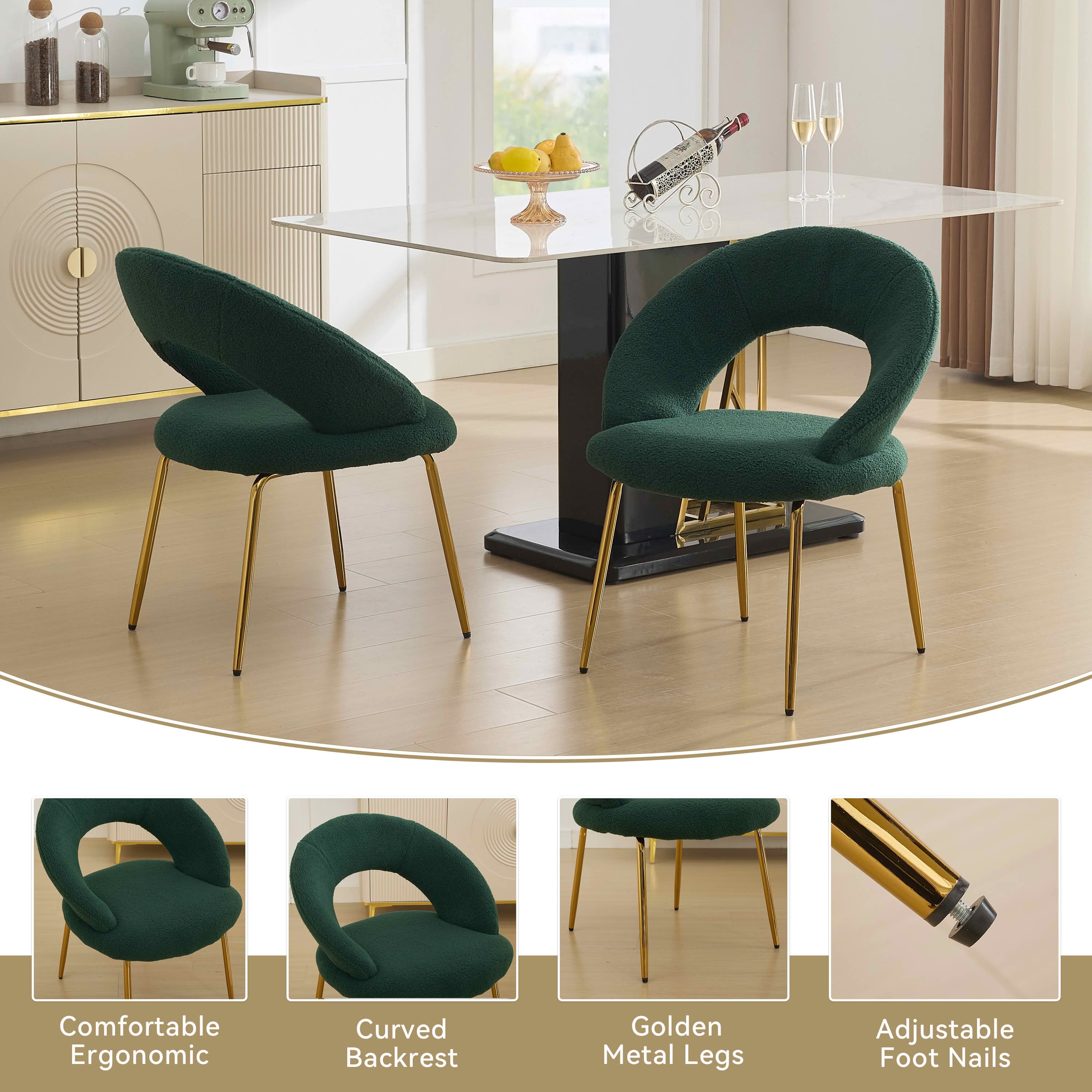MAYEERTY Set of 1 Teddy Fabric Dining Chair, Curved Backrest & Golden Metal Legs, for Kitchen & Dining Room, Green