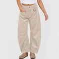 thumbnail image 2 of Women's Corduroy Pants Barrel Mid-Rise Elastic Waist Cord Pants Casual Wide Leg Baggy Trouser with Pockets Beige M, 2 of 5