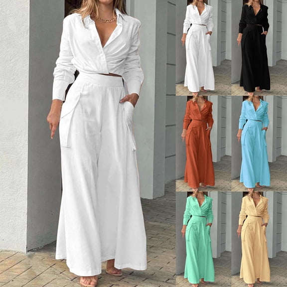 felwors Women's 2 Piece Sets Fall Outfits Cropped Lapel Shirts and High Waist Wide Leg Pants Suit with Pockets(Green, S)