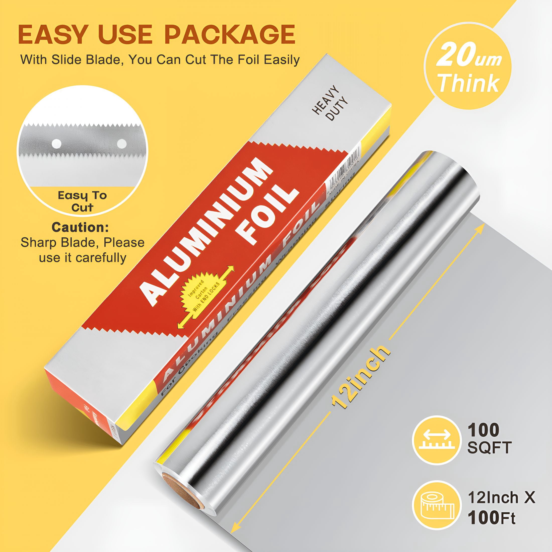CCOCC Foil Wrap,Strength Aluminum Foil Roll with Serrated Cutter,Freezer Safe and Grill Safe,Great for Foil Packets and Home Cooking,12 Inches Wide,100 Total Sq.Ft