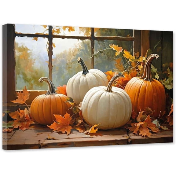 ZHONGYUTONG Fall Canvas Wall Art White Pumpkin Pictures Autumn Harvest Painting Fall Leaf Print for Thanksgiving Theme Wall Decor Framed (12.00" x 18.00")