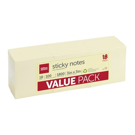 UPC: 0735854828967 | Office Depot 30% Recycled Self-Stick Notes  3in. x 3in.  Yellow  100 Sheets Per Pad  Pack Of 18 Pads  OD-3318YR
