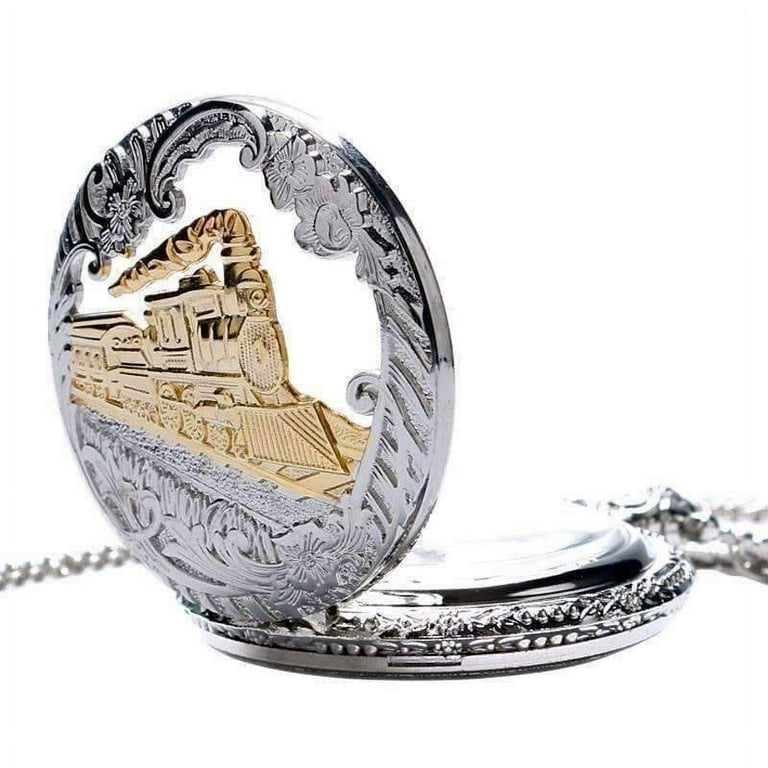 Engineer Two Tone Train Large Pocket Watch Gold Plated for Man or Woman