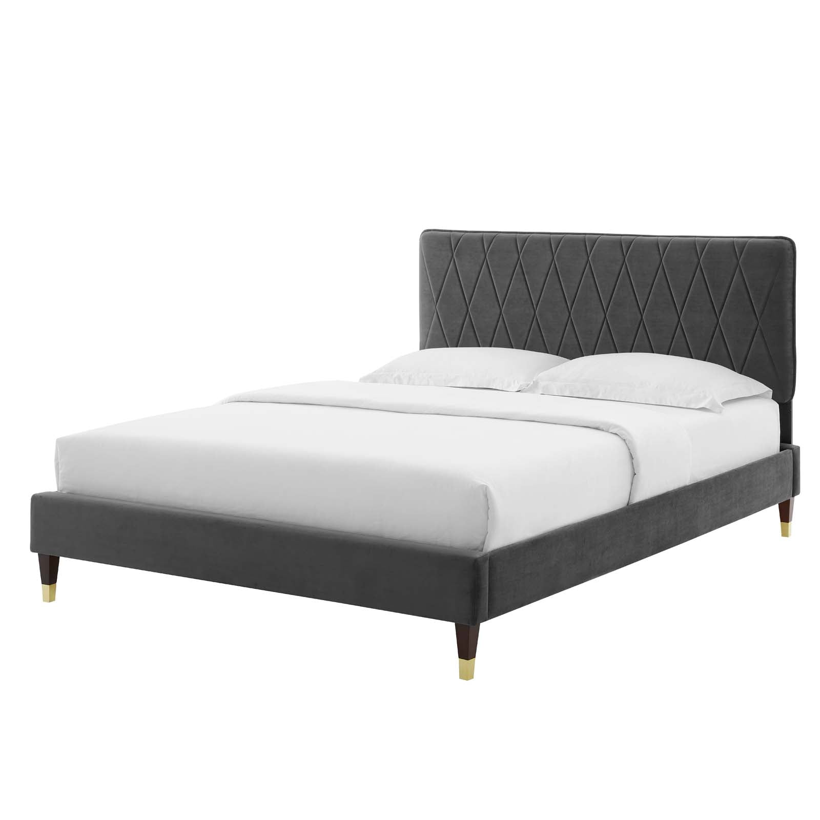 Platform Bed Frame, King Size, Velvet, Dark Grey Gray, Modern