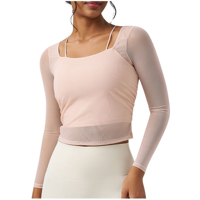 aidice Hauts de Sortie pour Femmes Été Col Carré Manches Longues Soutien-Gorge Intégré Hauts d'Entraînement Courts Fins