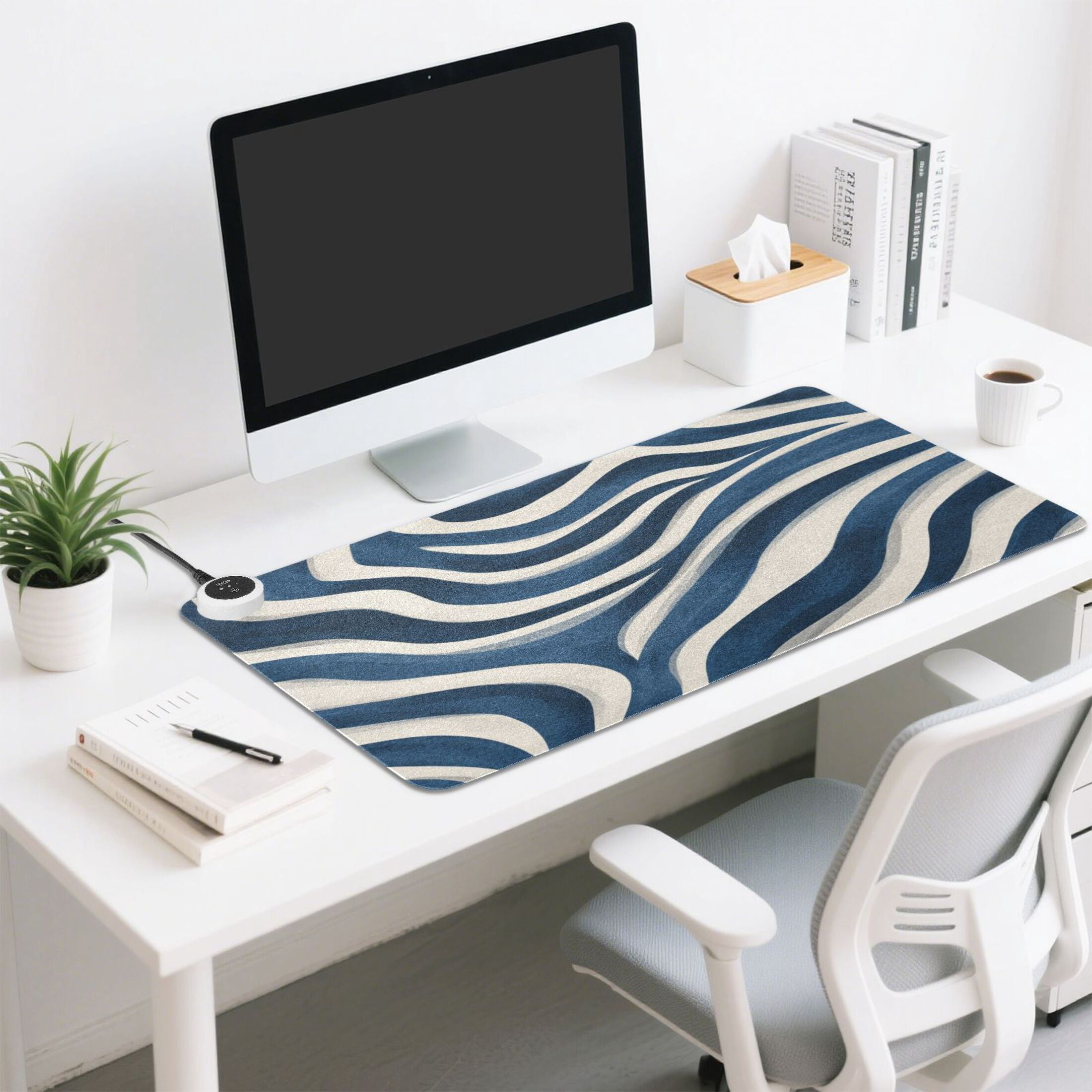 Large Heated Desk Mat Mouse Pad 31.5"x13"PU Leather Graphene Heating Desk Warmer with 3 Temperature Settings 110V US Plug Non-Slip Warm Pad for Home, Office, and Gaming Dark Blue Zebra Stripes