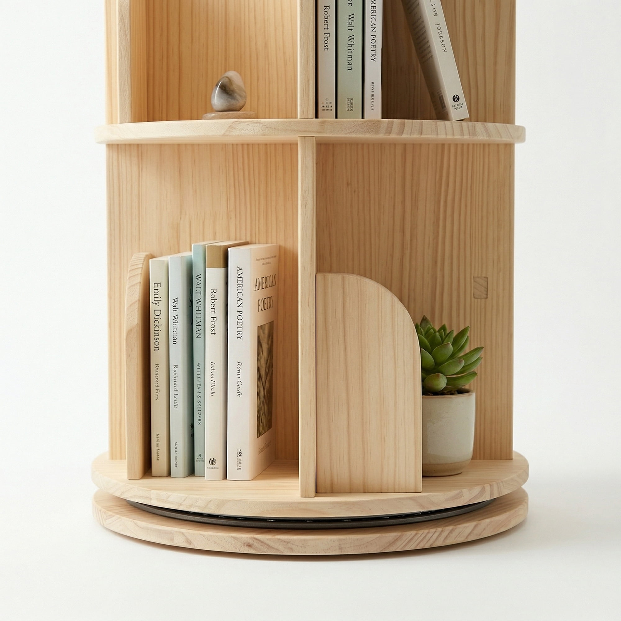 4 Tier Rotating Bookshelf, Round Floor Standing Bookcase with 360° Spinning Storage, Wooden Display Shelf for Books, Décor and Toys, Natural