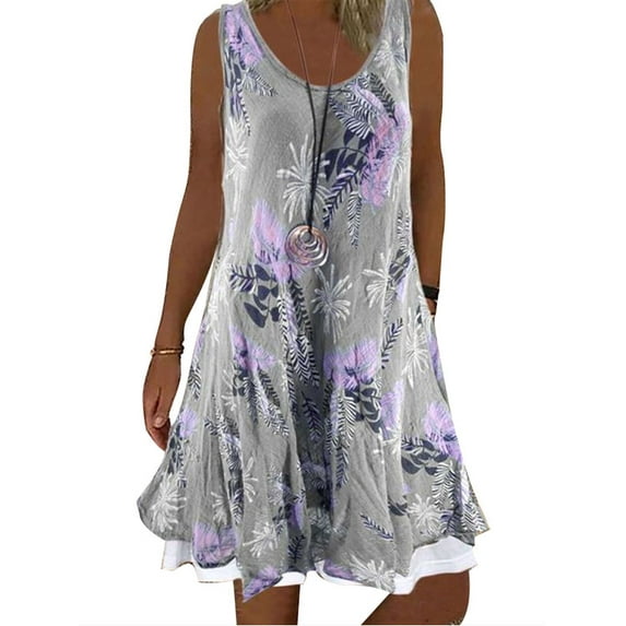 Skksst Womens Retro Floral Print Sleeveless Loose Tank Dress Plus Size