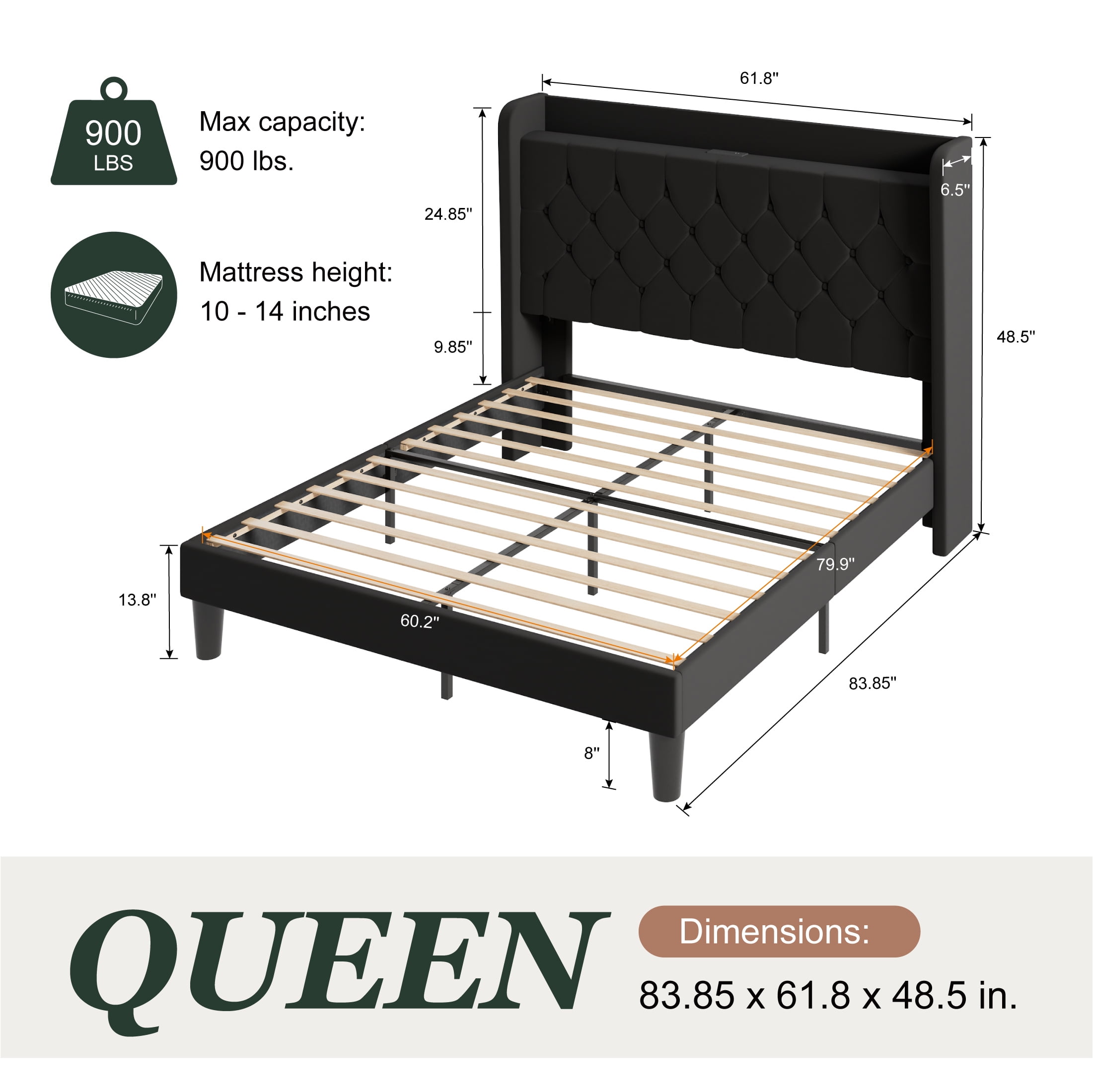 Einfach Queen Bed Frame, Upholstered Platform Bed with Storage Wingback Headboard and Fast Charging Hub, No Box Spring Required, Black