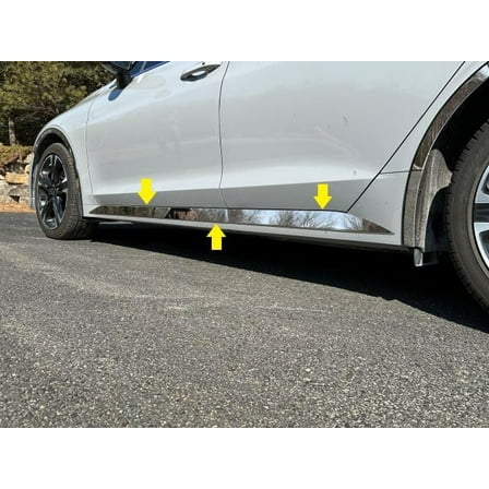 QAA part TH71805 is a 4 piece Stainless Steel Rocker Panel Trim, Lower Kit, Tapered Width - 2.25" - 2.75" that is compatible with Kia K5 2021-2024