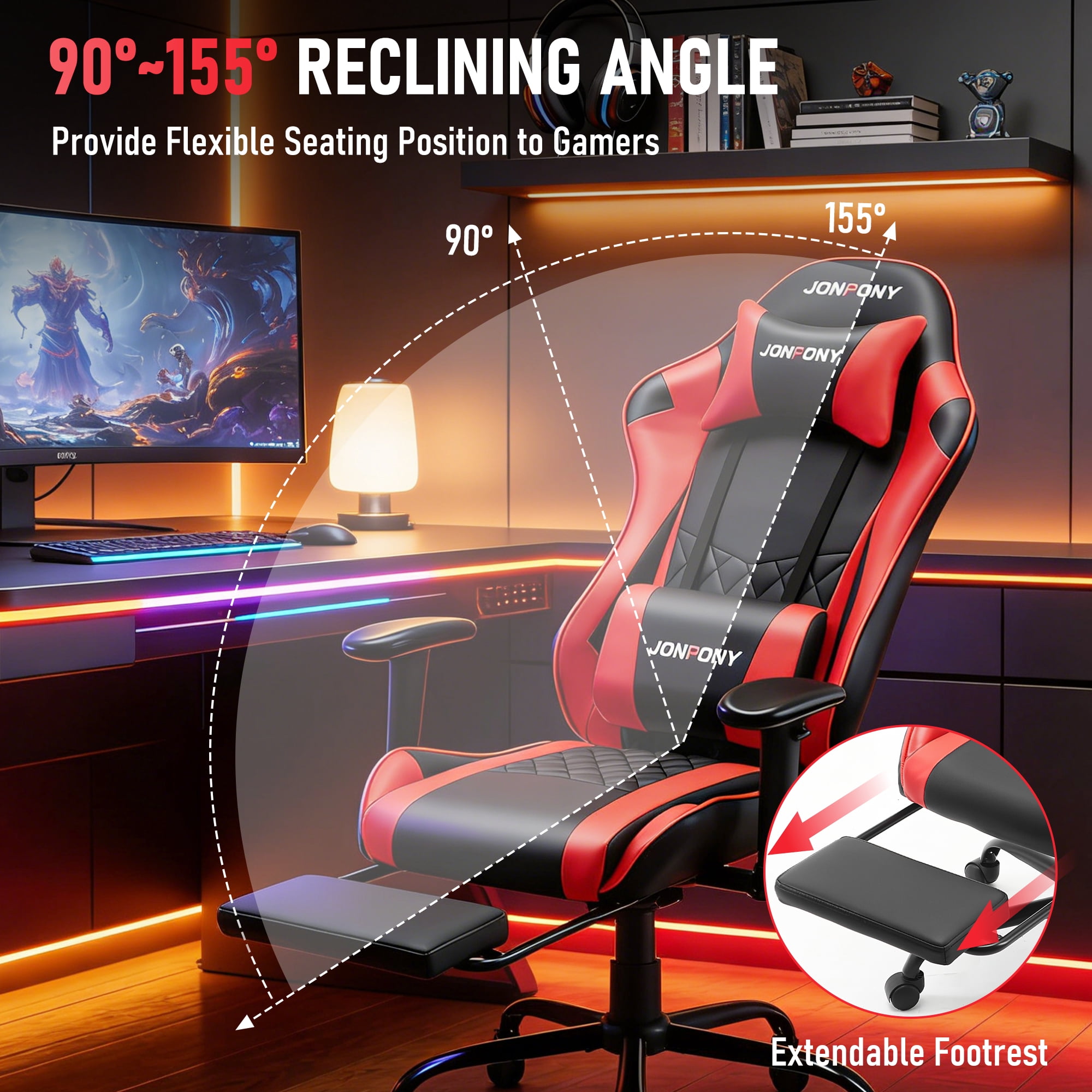 JONPONY Big and Tall 500LBS Gaming Chair, Ergonomic Design with 2D Armrests,PU Leather with Footrest and Lumbar Support, High Back Office Chair Support 8 Hours Long Sitting, Computer Chair,Red