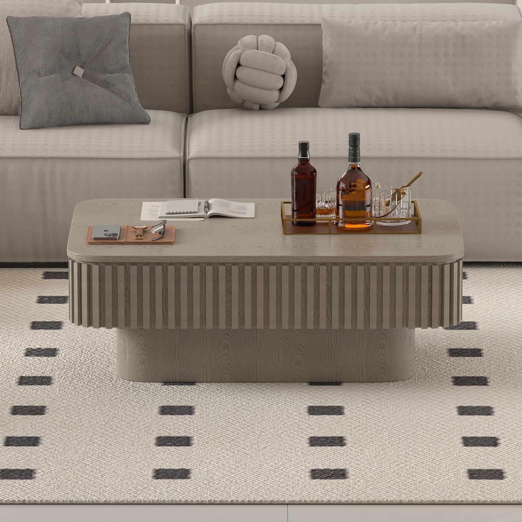 BFJDM 38.6" Gray Lift Top Coffee Table, Fluted Hidden Storage Modern Coffee Table for Living Room