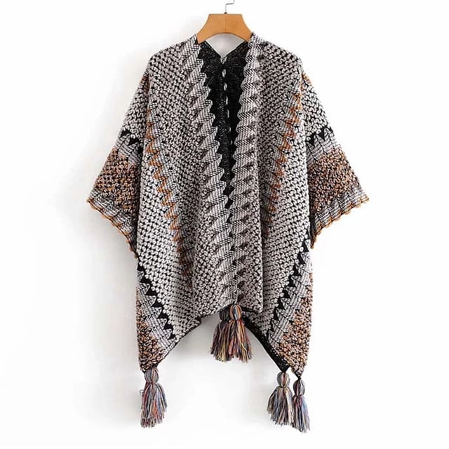 WZXFASHION Womens Shawls Soft And Comfortable Knitted Sweater Tops Shawl Tassel Fringed Wraps Matching Cardigan Sweater Irregular Hem Splicing Colourful Sweater Cardigan Scarf Grey One Size