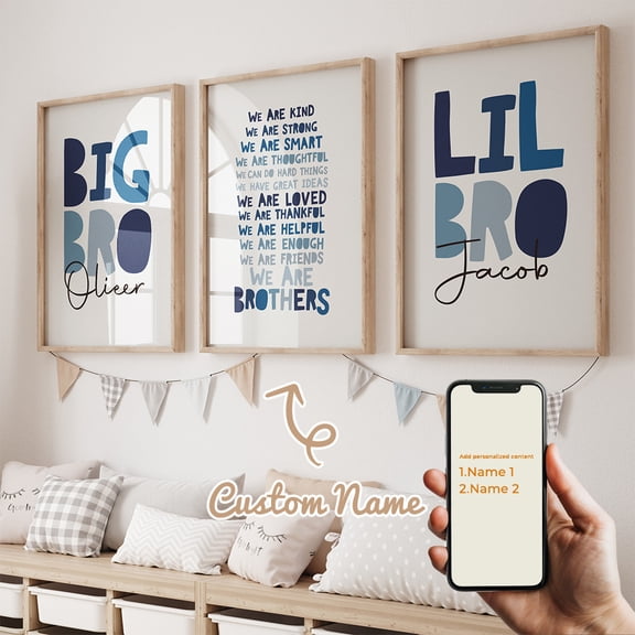 3pcs/ Set Personalized Name Big Bro Lil Bro Best Friends Canvas Poster Wall Art, Custom Affirmations Quotes for Home Decor, Cartoon Sibling Prints for Living Room Bedroom Kitchen Boys Room Home Deco