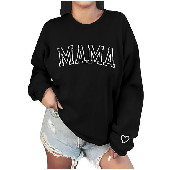 yoeyez Mama Sweatshirts for Women Oversized Crewneck Sweatshirt Loose Fit Casual Long Sleeve Pullover Spring Outfits 2025 Sweater Tops for Mother's Day Black XS