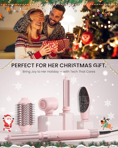 5 in 1 High-Speed Hair Dryer, Hot Air Styler Wrap, Volumizing Brush with Auto Curlers, Fast Drying & Frizz-Free Styling, Straightening, No Heat Damage, Includes Travel Bag - Pink