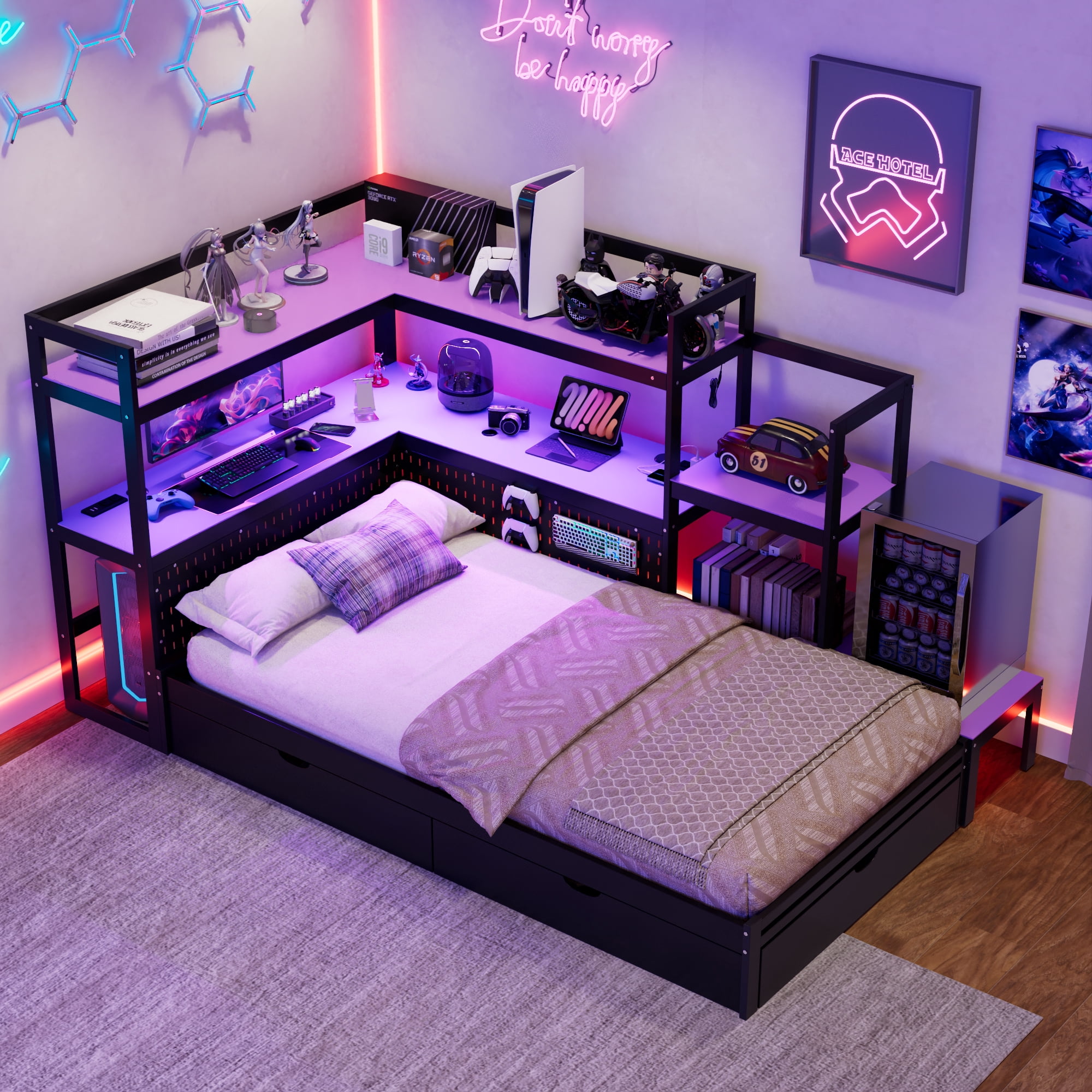 Mintazer Twin LED Gaming Daybed Storage Platform Bed with Charging Station & Integrated Desk Bookshelves and 3 Drawers for Kids Teens, Black+Purple