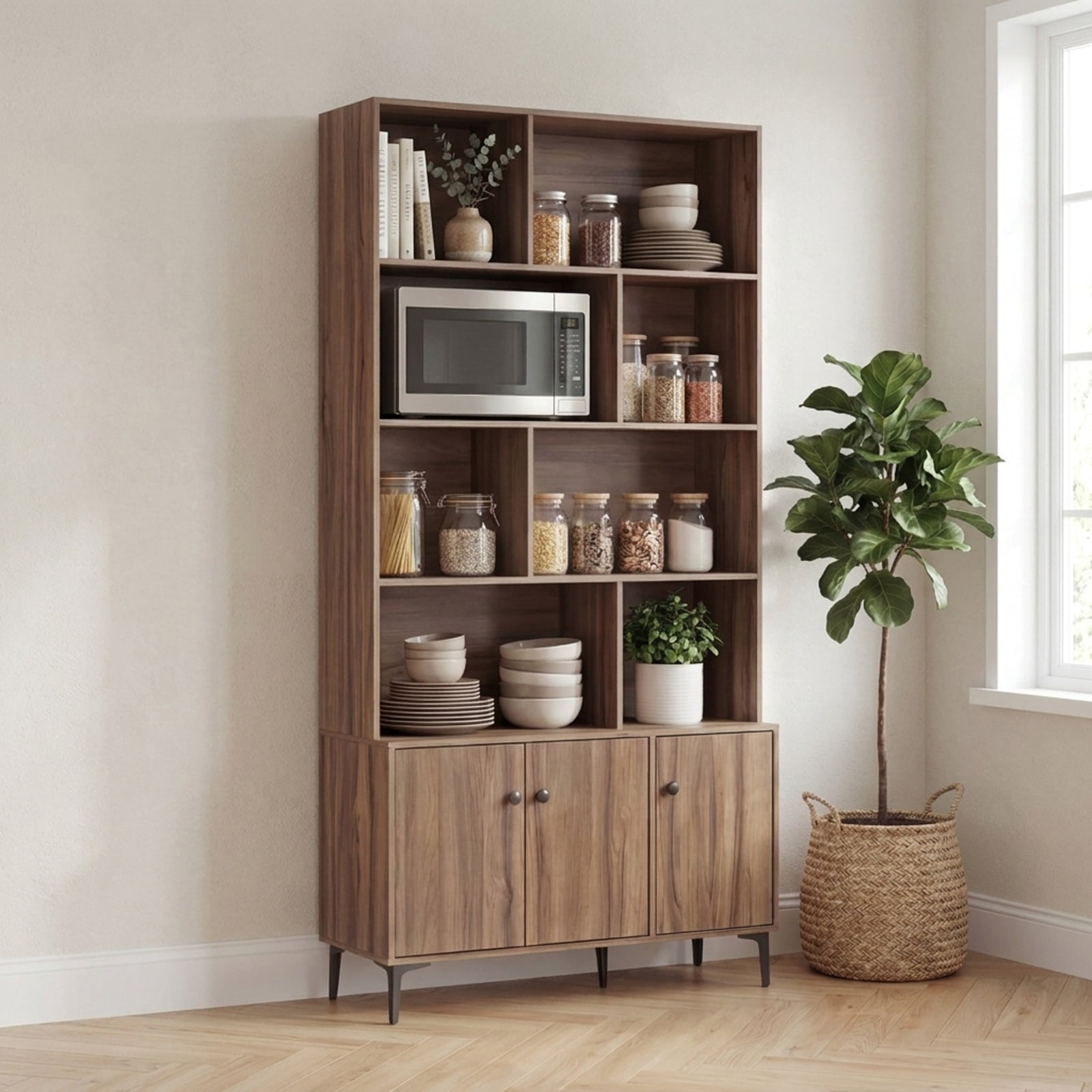 Furnibear Bookshelf with 3 Doors and 2 Anti-Tipping Kits for Home Office for Living Room Home Office Bedroom Display Storage Shelf, Walnut