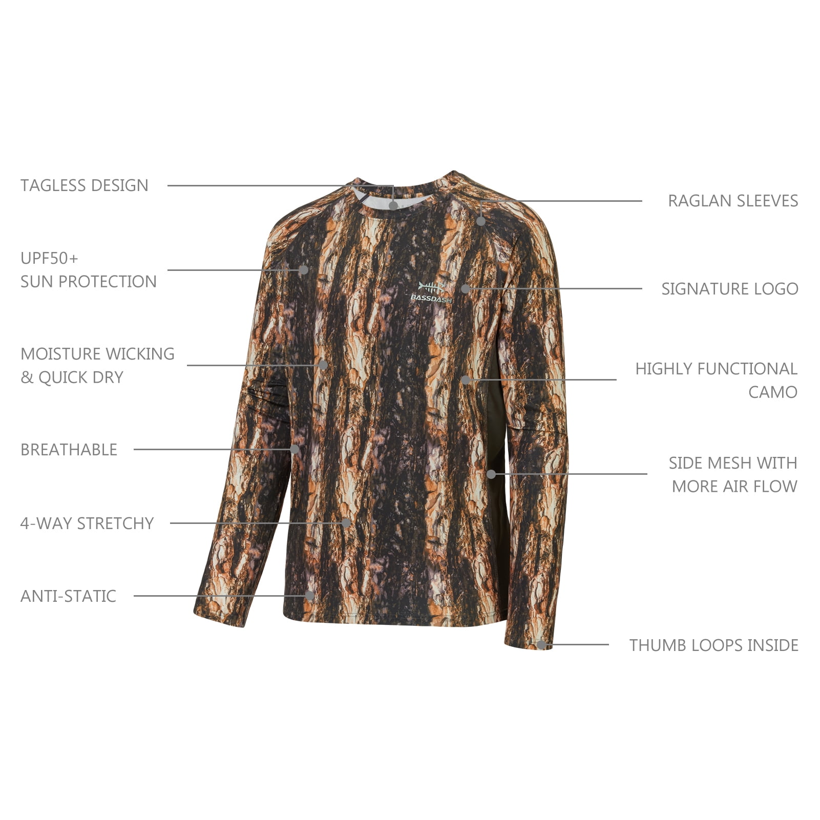 Bassdash FS13M Men's Hunting Camo Performance Long Sleeve Shirt Fishing UPF50+