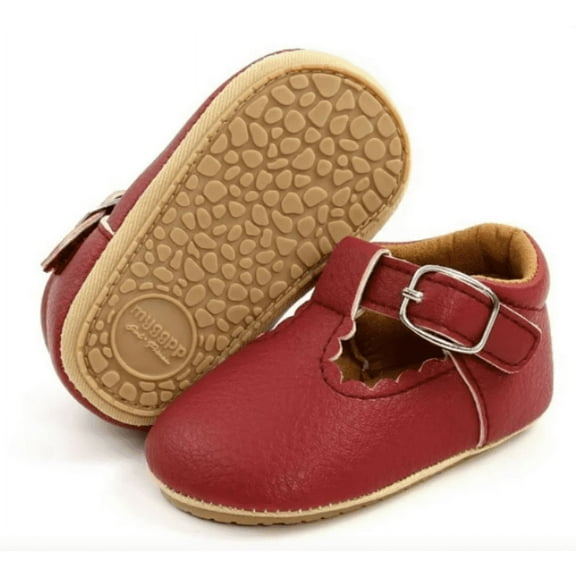 Baby Girls Red Leather T-Strap Mary Janes with Hard Sole 12-18M Size 3