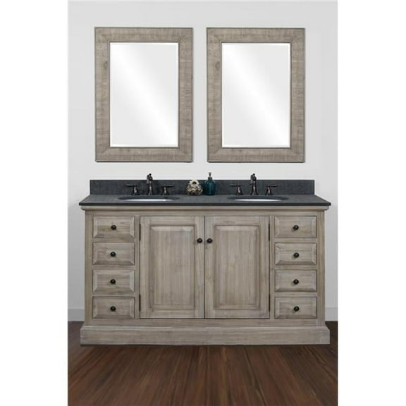 Infurniture 60"Solid Recycled Fir Double Sink Vanity with Polished Textured Surface Finish Granite Top-No Faucet