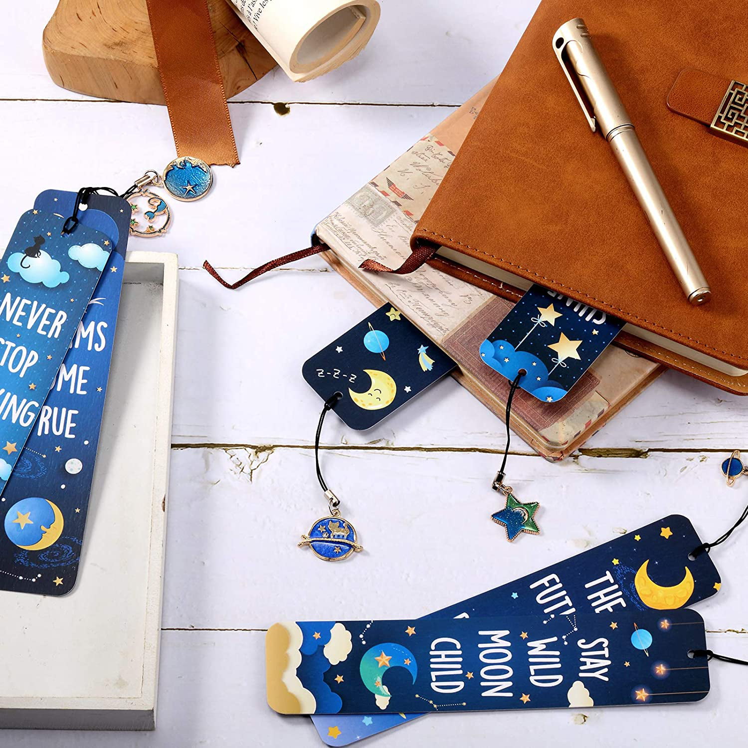 12 Pieces Cat Moon Star Celestial Theme Bookmarks with Metal Charms Celestial Bookmarks Inspirational Quotes Bookmarker for Boys and Girls School Classroom Present Reading