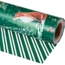 Christmas Green Woodland Wrapping Paper Roll, Fox Squirrel Christmas Tree with Green Stripe Reversible Design Holiday Gift Wrap for Kids Adults, 17 Inches x 32.8 Feet