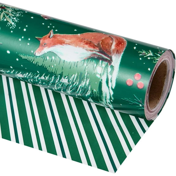 Christmas Green Woodland Wrapping Paper Roll, Fox Squirrel Christmas Tree with Green Stripe Reversible Design Holiday Gift Wrap for Kids Adults, 17 Inches x 32.8 Feet