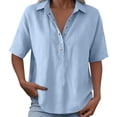 thumbnail image 4 of Women's V Neck Mid Sleeve Button Down Shirt, Soft Breathable T-Shirt Top, Casual Loose Fit Streetwear Blouse for Spring Summer, Festival and Casual Work Shirt-Light Blue, 4 of 5