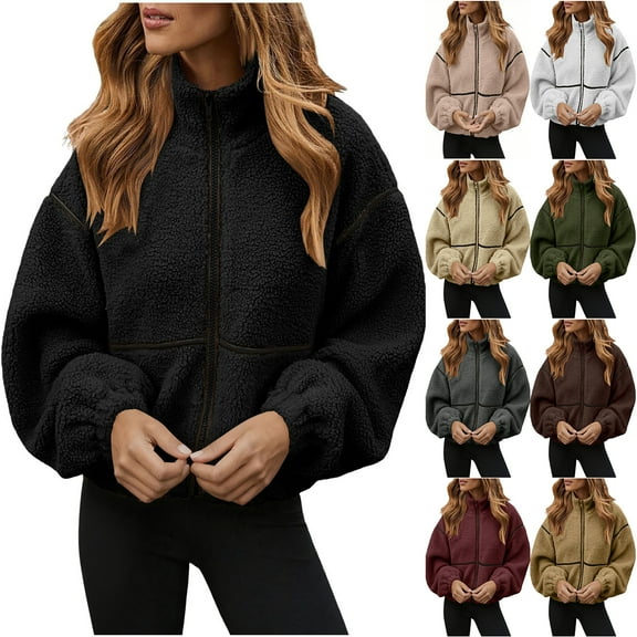 Otntypg Winter Fuzzy Coats for Women Casual Sherpa Fleece Long Sleeve Full Zip up Stand Collar Jackets Trendy Oversized 2025 Thick Warm Outwear Tops with Pockets Black L