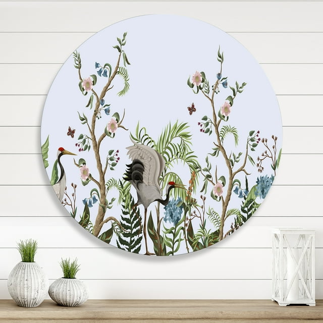 Designart - Border With Cranes & Peonies In Chinoiserie Style - Traditional Metal Circle Wall Art