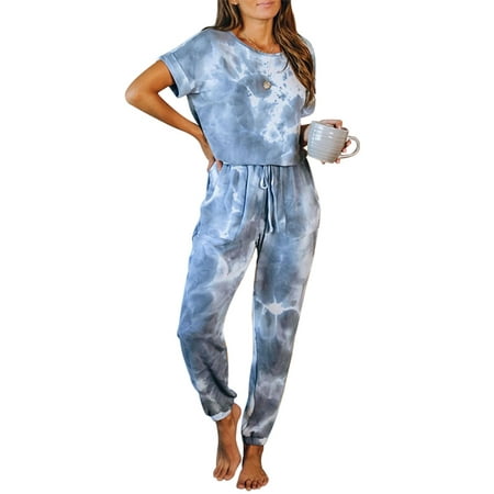 

Womens Tie Dye Pajamas Set Short Sleeve Casual Sleepwear Sets Elastic Waist Pants