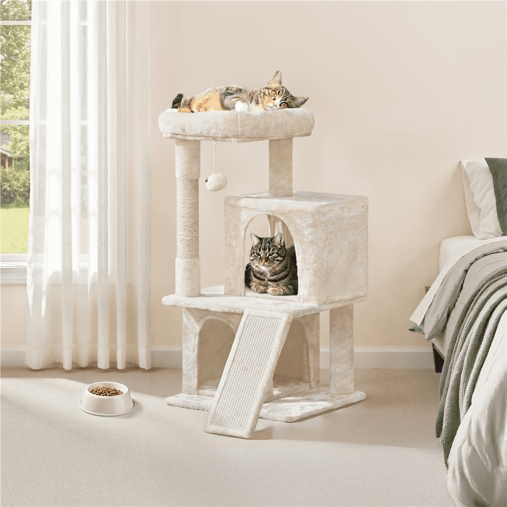 Yaheetech 36'' H Cat Tree Tower with Double Condos Scratching Posts Sisal Rope Furry Ball, Beige