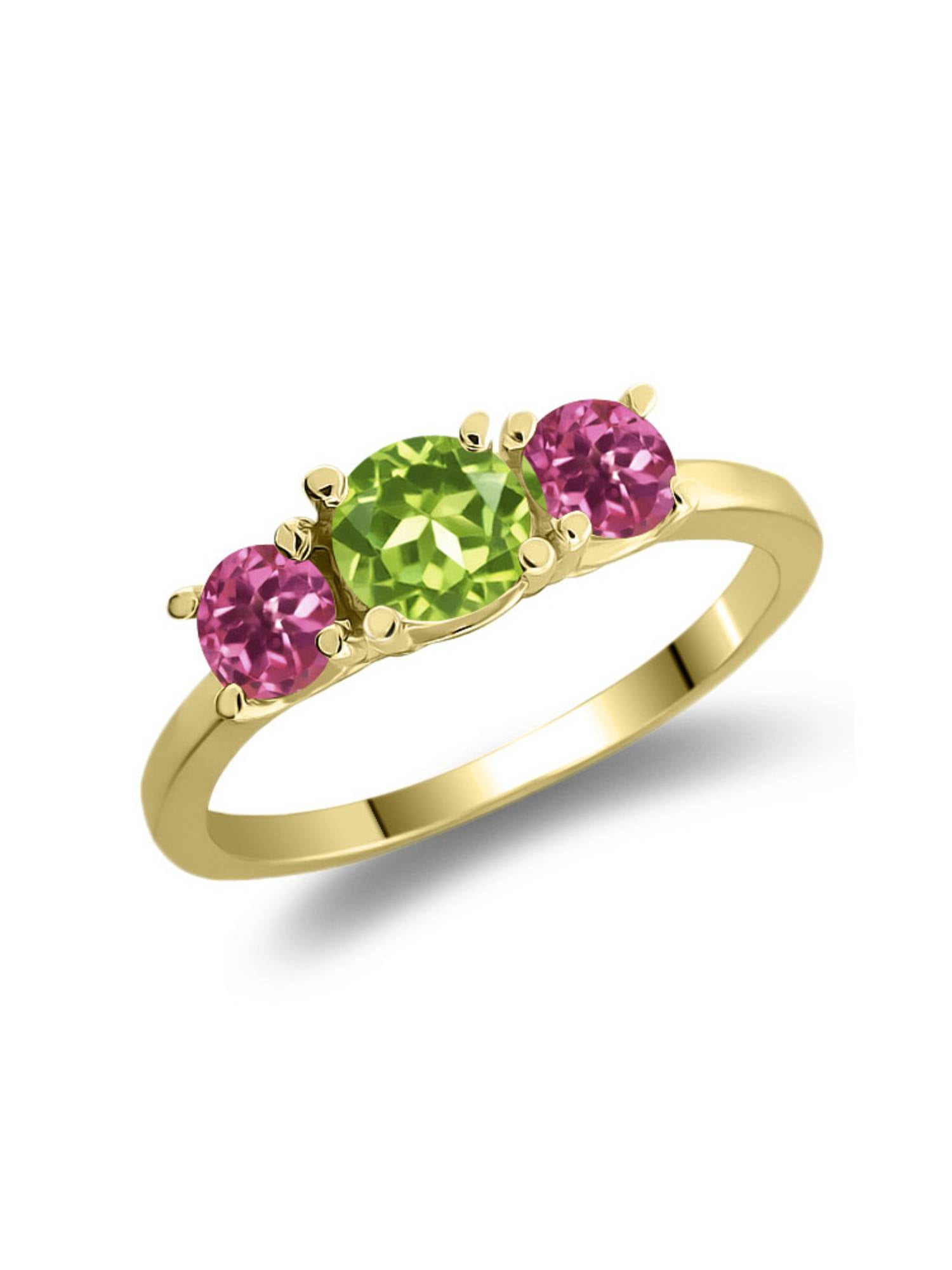 1.08 Ct Round Green Peridot Pink Tourmaline 925 Yellow Gold Plated Silver Ring by