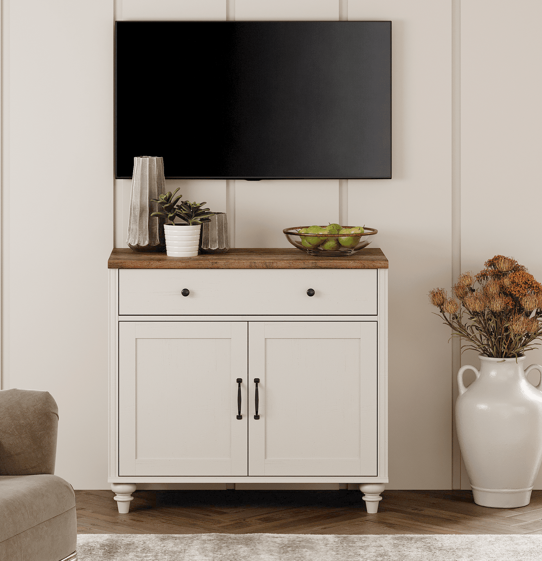 WAMPAT Farmhouse White TV Stand for 43 inch TV with 2 Doors and Wooden Drawer, Wood Universal TV Stands with Storage Cabinets, Entertainment Center TV Console Table for Living Room, Bedroom