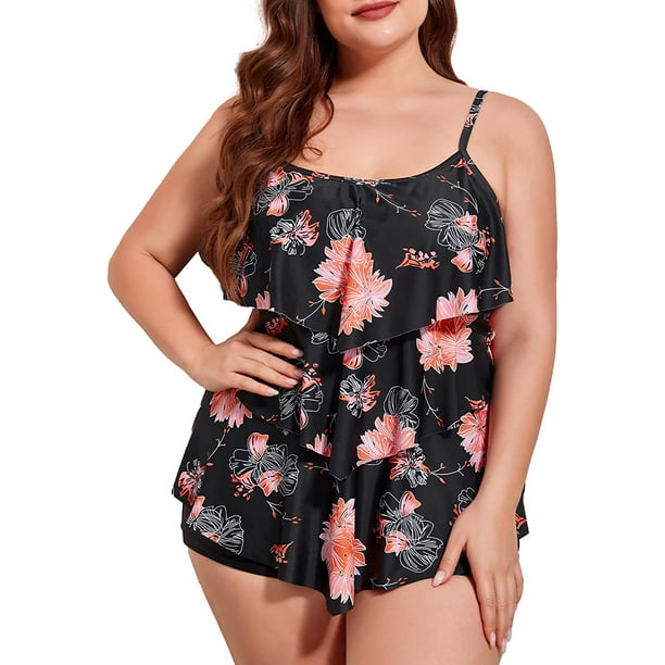 Summer Mae Womens Plus Size Tankini Swimsuits with Shorts Flounce Two