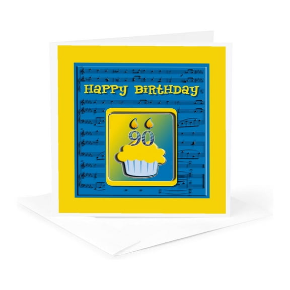 3dRose, 90th Birthday Cupcake on Music Notes, Blue and Yellow, 1 Greeting Card with envelope