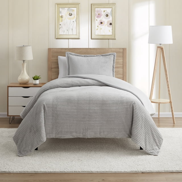 Nestl Ensemble de Housse de Couette, Design Réversible en Molleton Pelucheux sur le devant et Microfibre Douce Brossée au Dos pour Couettes, Ensemble de 2 Pcs avec Fermeture Éclair et Attaches, Housse de Couette Simple, Gris Argenté