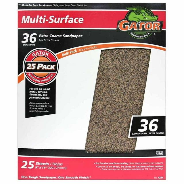Hojas de lijado Gator, multisuperficie, grano 36, 9 x 11 pulgadas, paquete de 25